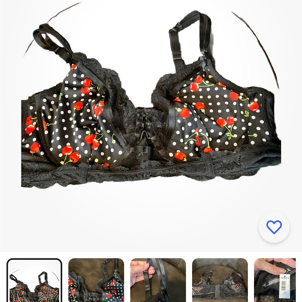 Torrid Curve Black Lace Silky Straps Polka Dots Cherry Pattern Underwire Size 2